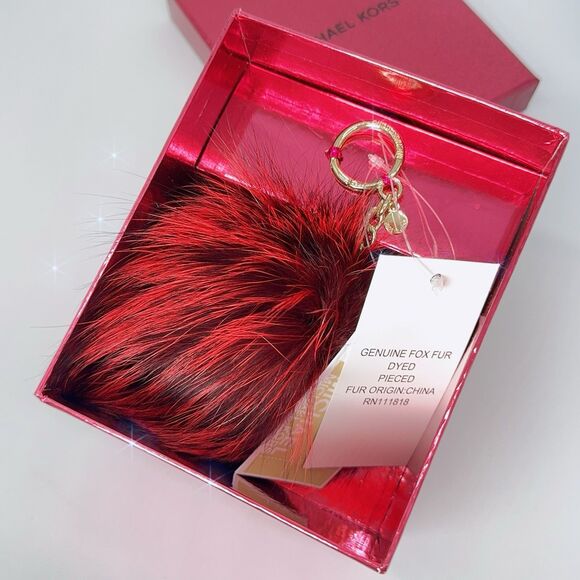 Michael Kors Large Fox Fur Pom Poms In Cherry Red Gold Hardware Keychain Box - Picture 2 of 8